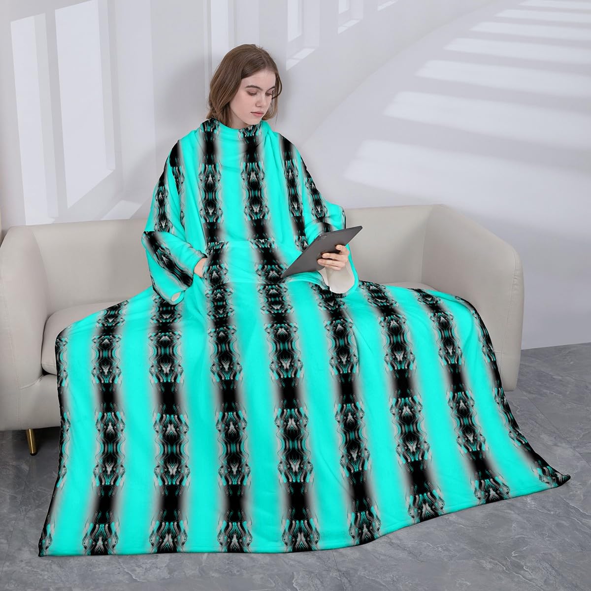 Homemissing Manta de forro polar azul azulado y negro con mangas de 50 x 70 pulgadas, manta de forro polar vintage con mangas y bolsillo, manta de arte moderno, manta de felpa mullida con estilo
