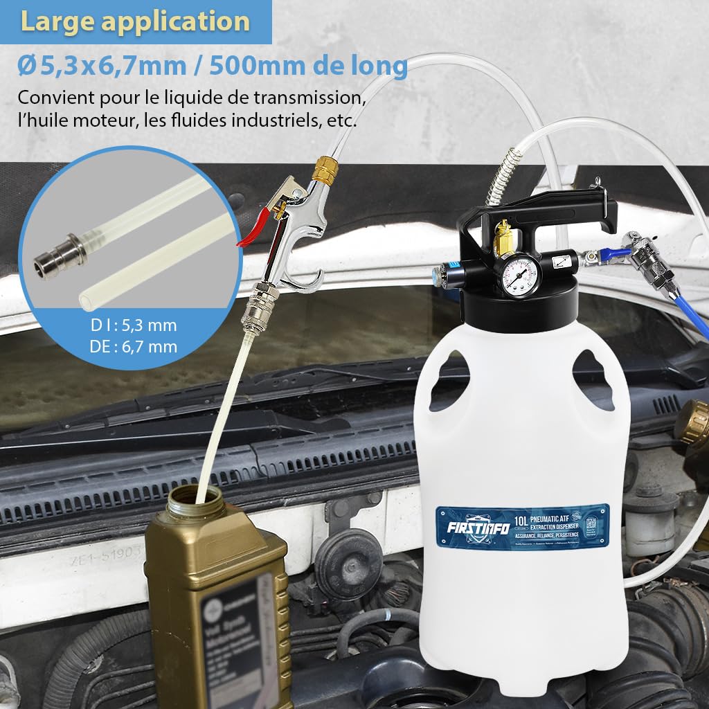FIRSTINFO Pompe ATF Pneumatique 10L pour Remplissage et Extraction d'Huile de Transmission, Outil de Vidange pour Boîte Automatique avec 14 Adaptateurs ATF, Kit Professionnel Garage A1135NEU