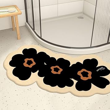 Quadrant Curved Shower Mat, Flower Curved Bath Mat Non Slip, Super Absorbent Corner Shower Mat Outside Shower, Curved Bathroom Carpet Rugs for Home Hotel,Black,45X100cm