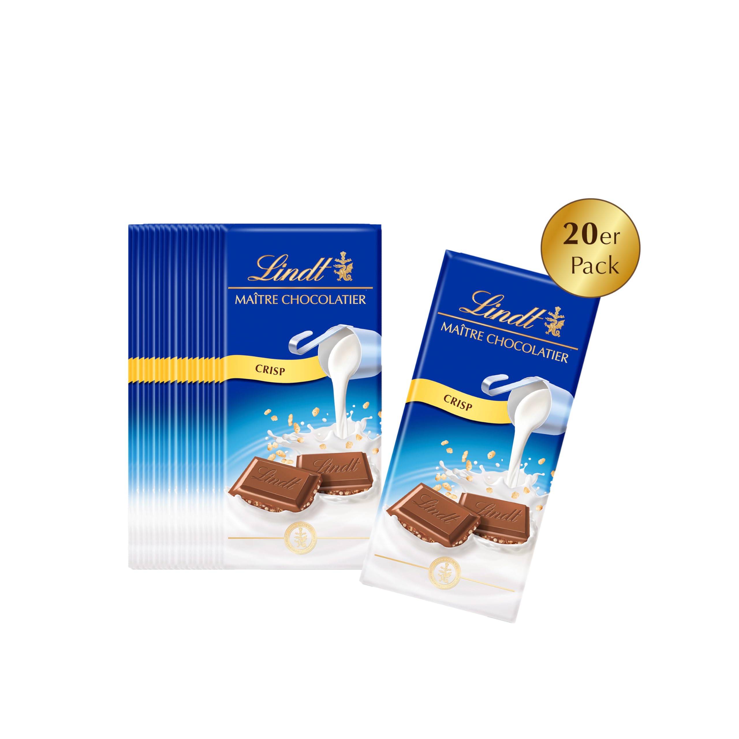 Lindt Schokolade Vollmilch Crisp | 20 x 100g Tafel | Aus zartschmelzender Vollmilch-Schokolade mit knusprigen Cerealien | Schokoladentafel | Großpackung