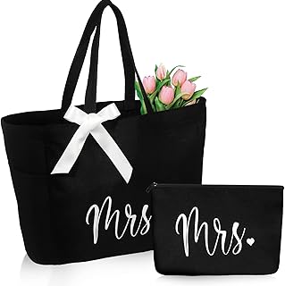 Bride Bag with Makeup Bag, Mrs Tote Bag, Bridal Shower Gifts for Bride, Wedding Bachelorette Bride Gifts, MRS Polyester Tote Bag and Zipper Cosmetic Bag for Women Miss to Mrs