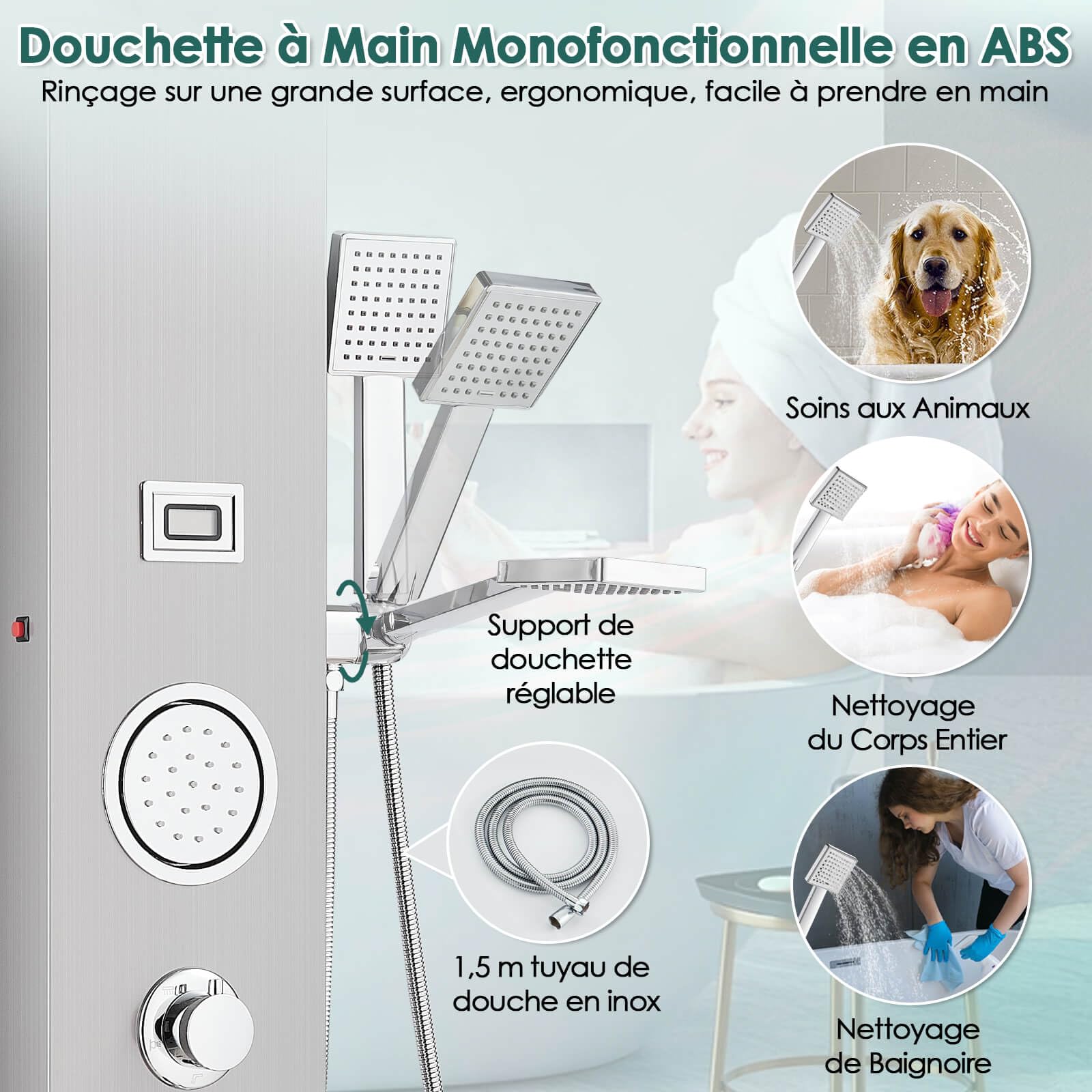 ROVOGO Colonne Panneau de Douche Hydromassante LED avec Robinetterie et Affichage, 5 Modes - Douche de Cascade, Pluie, Douchette, Jets de Massage, Bec de Baignoire, Brossé Acier Inox, Montage Mural
