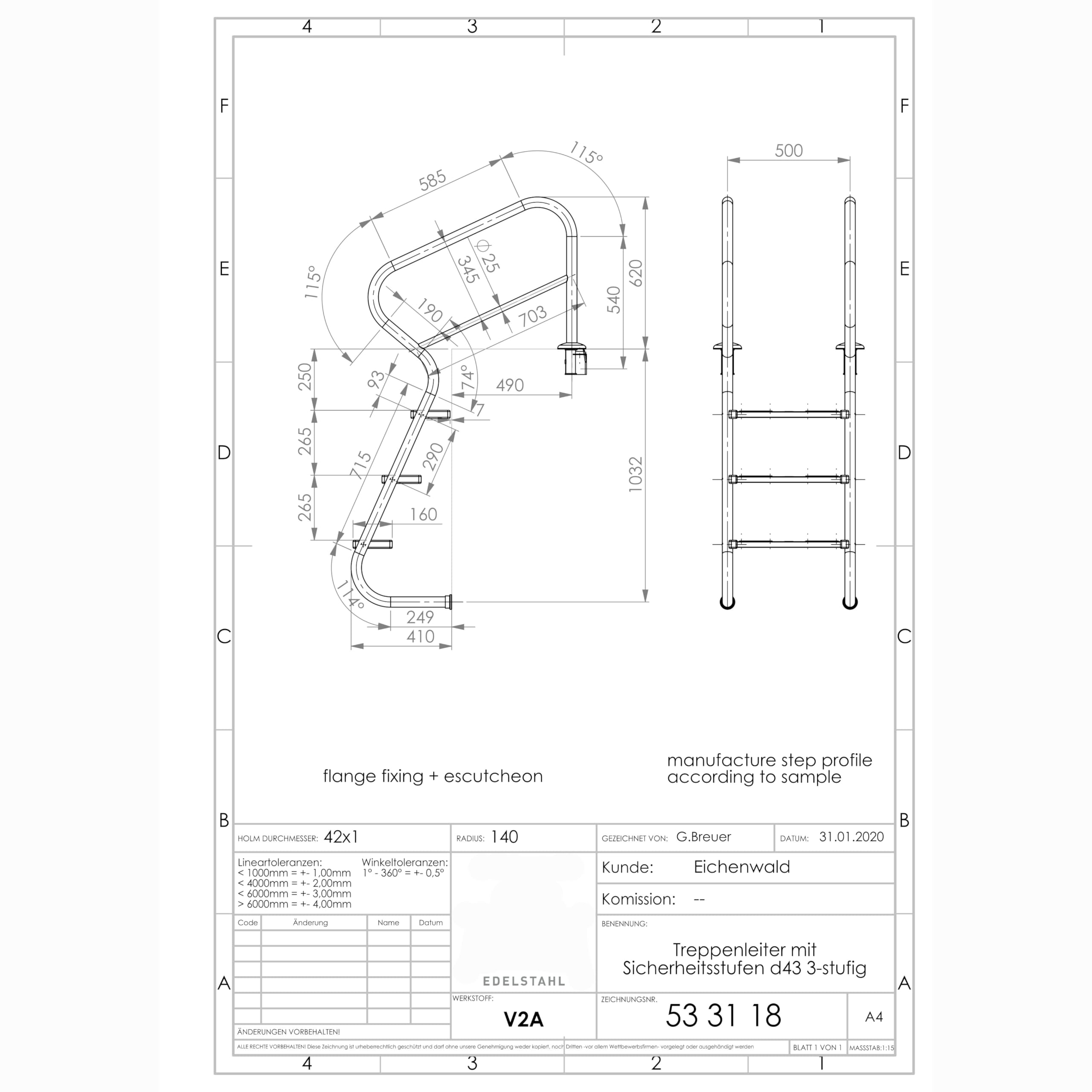 HAF Escalera ideal de 3 peldaños de roble con peldaños de seguridad de acero inoxidable V2A, escalera de piscina con peldaños antideslizantes de acero inoxidable, estable para piscinas empotrables con