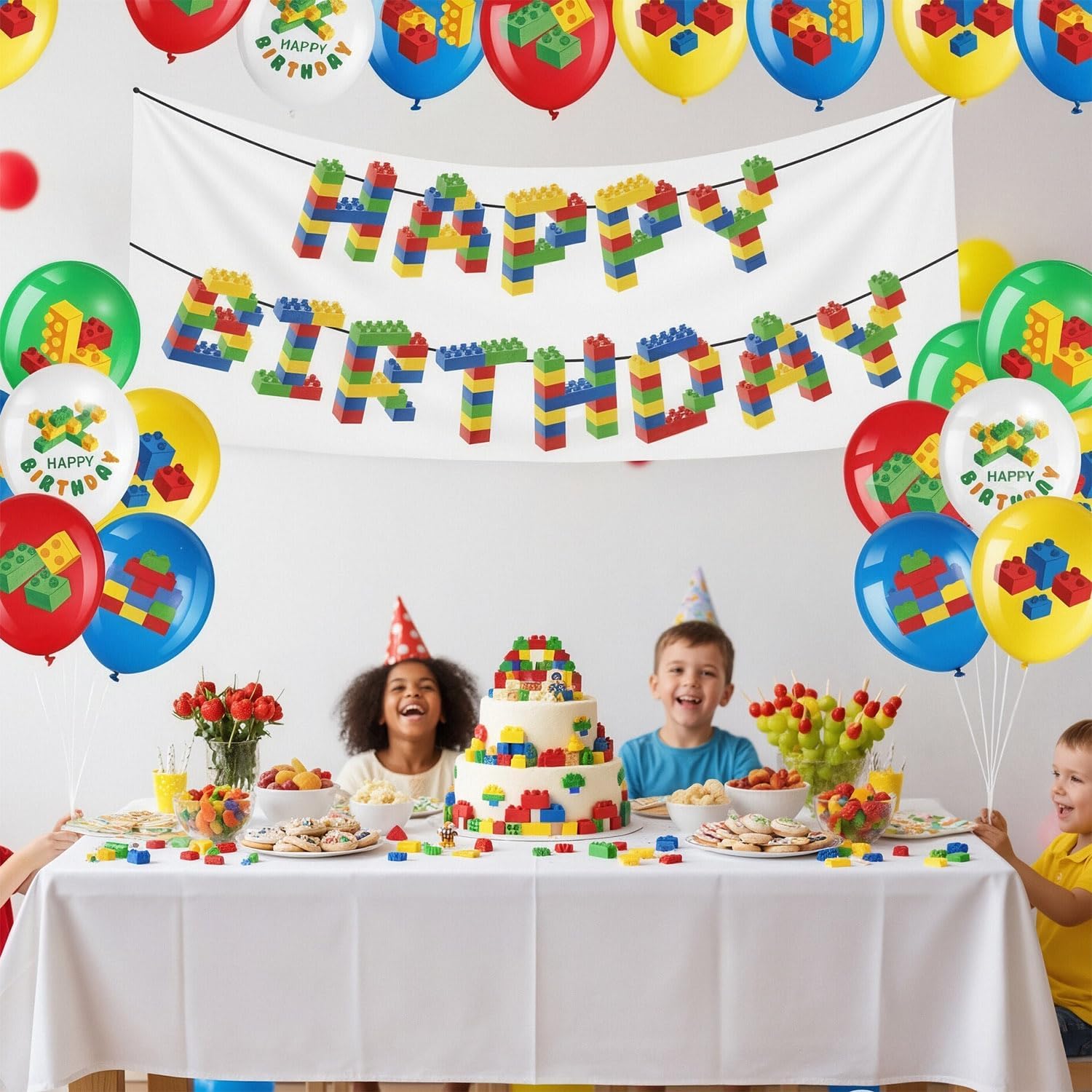 Building Block Birthday Party Decorations Includes Cake Toppers, Banner, Hanging Swirls, Balloons for Building Block Party Decorations