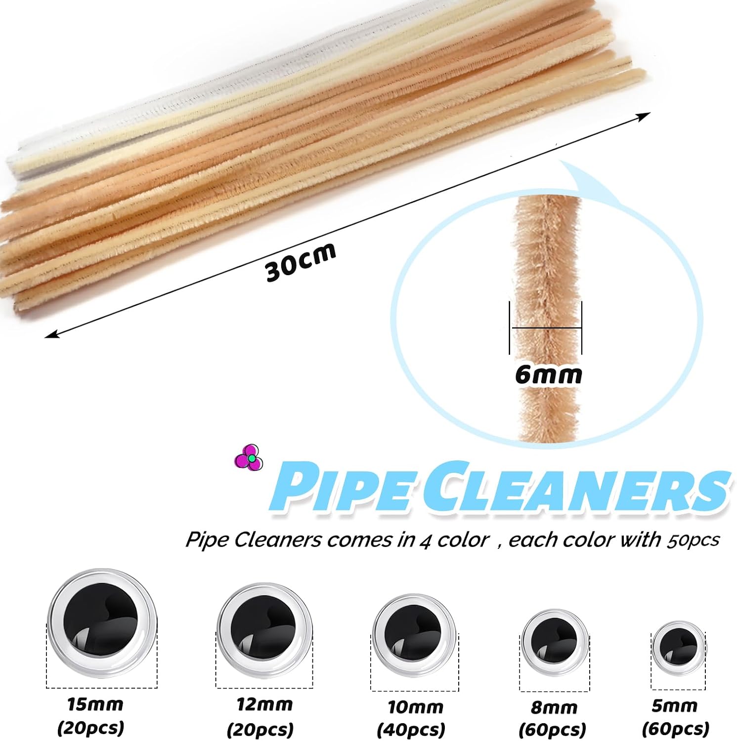 TOAOB 400pcs Pipe Cleaners Crafts Supplies Set Includes Beige Series Chenille Stems 6mm x 12 Inch Thick and Wiggle Googly Eyes for Making Crafts Decoration Flowers Animals