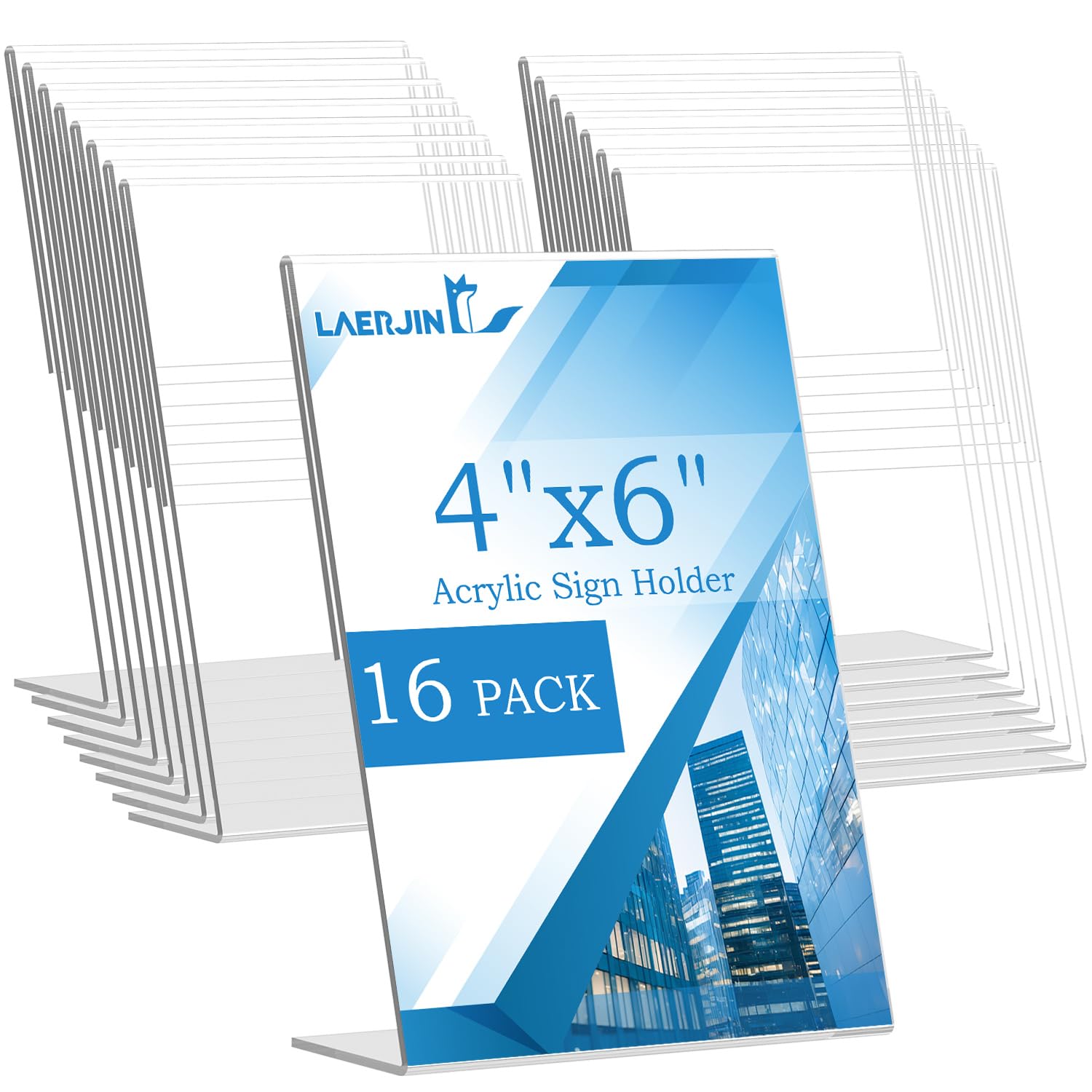 Photo 1 of Laerjin 10 PACK Acrylic Sign Holder 8.5 x 11, L Shape Clear Plastic Paper Holder, Slanted Back Picture Frame Menu Flyer Paper Display Table Sign Holder for Restaurant, Office and Store