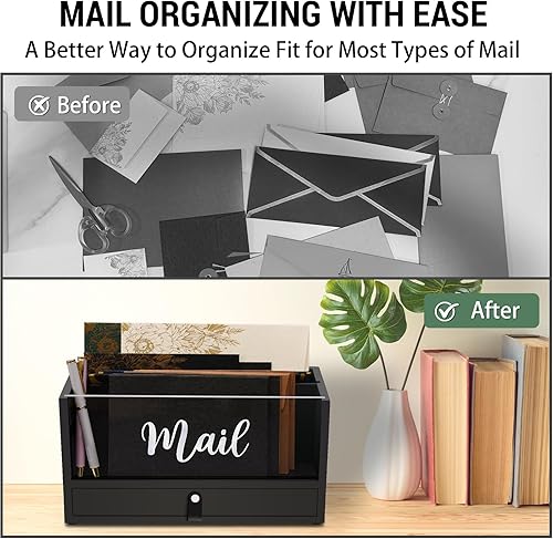 Miniatura 6 de Organizador de almacenamiento de correo de madera maciza de dos capas con cajón superior e inferior de acrílico transparente, mango de cuero, para