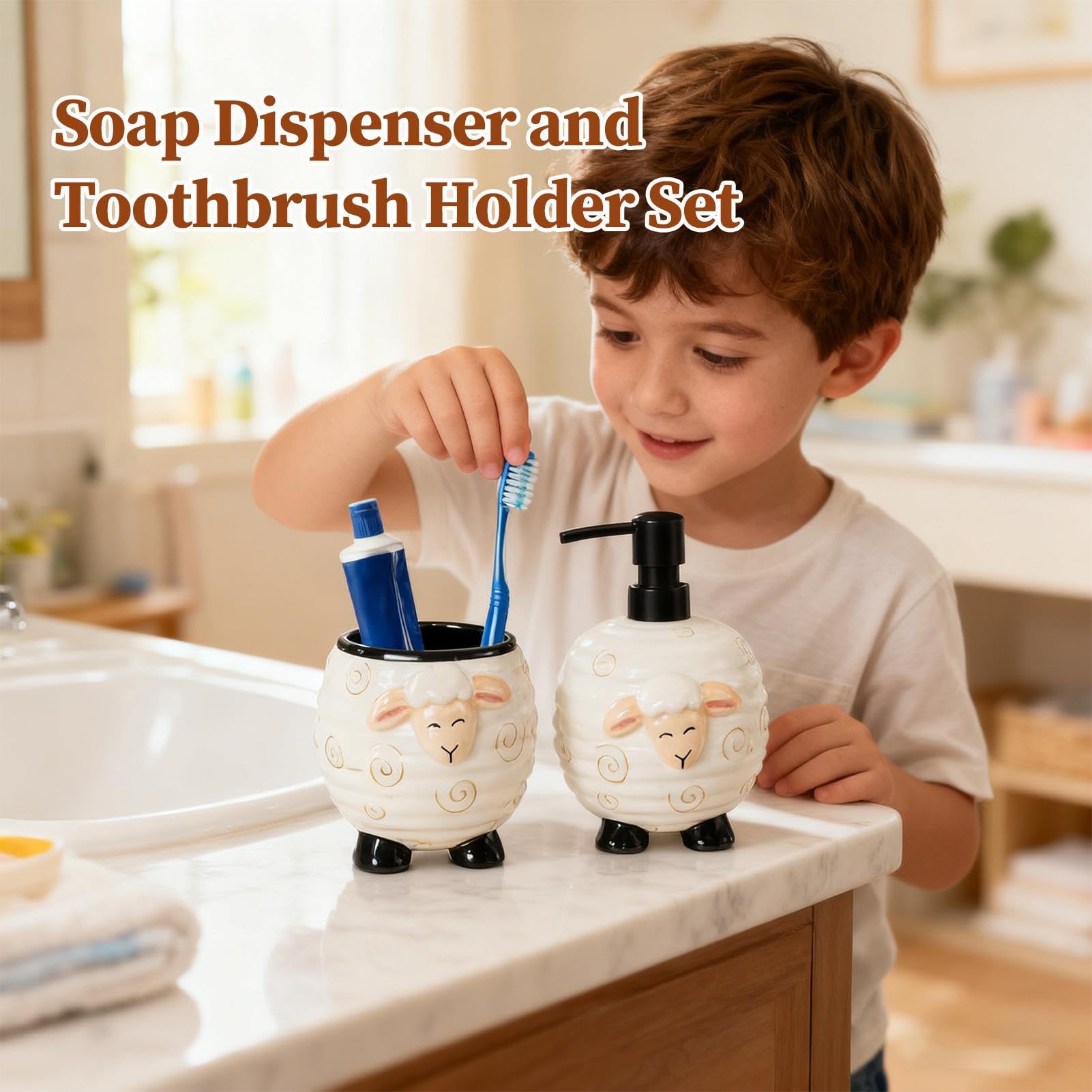 da bagno, 2 in ceramica a forma di pecora, dispenser di sapone per piatti, per l'uso nel e nell'igiene domestica, organizzazione familiare e uso quotidiano in appartamento