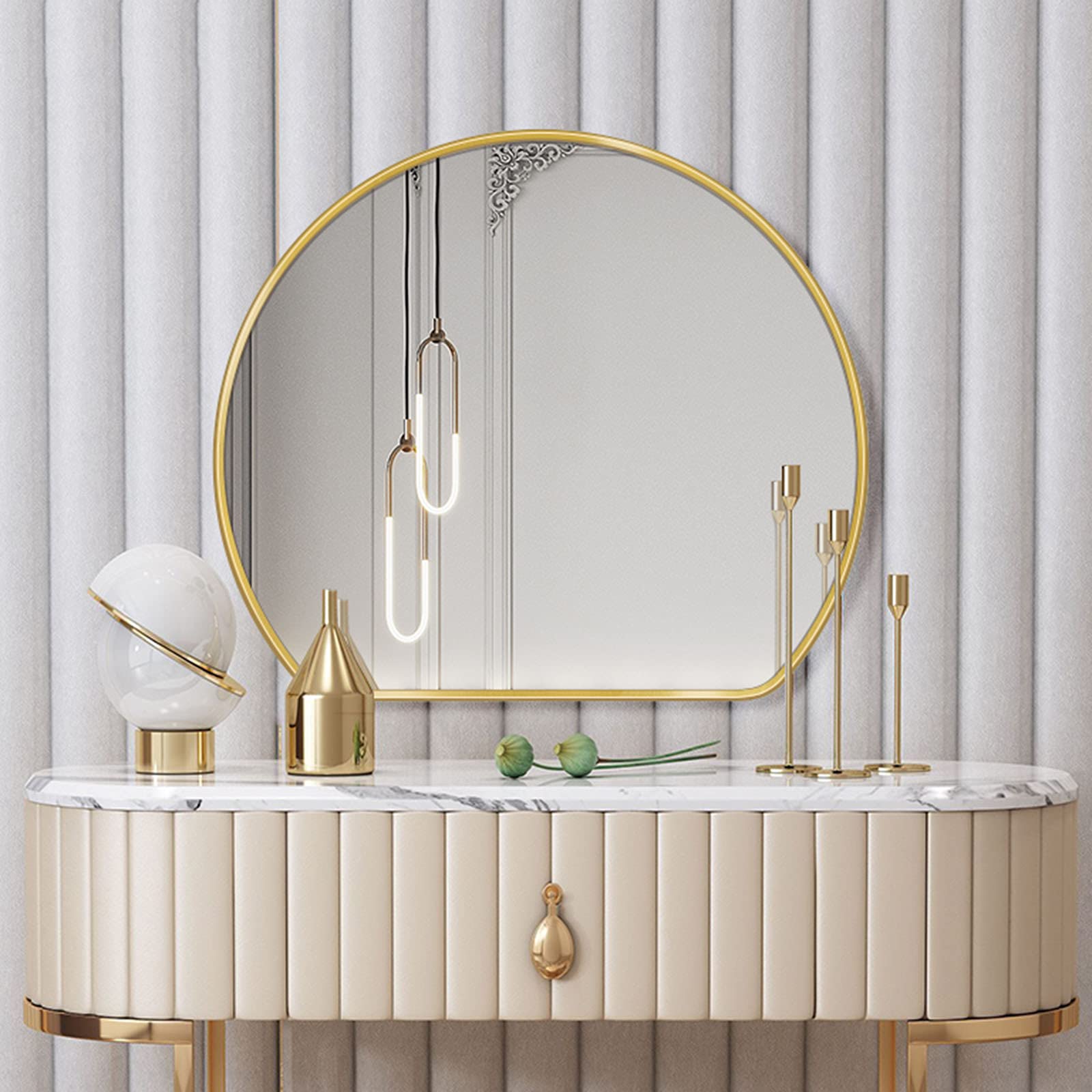 Omgbd Muschelförmig Kosmetikspiegel Mit Goldenem Metallrahmen, Wand Befestigter Schminkspiegel, 80x72cm 90x82cm, Für Haus Dekoration/Zoomen Sie Heran, Um Den Raum Zu Beleuchten