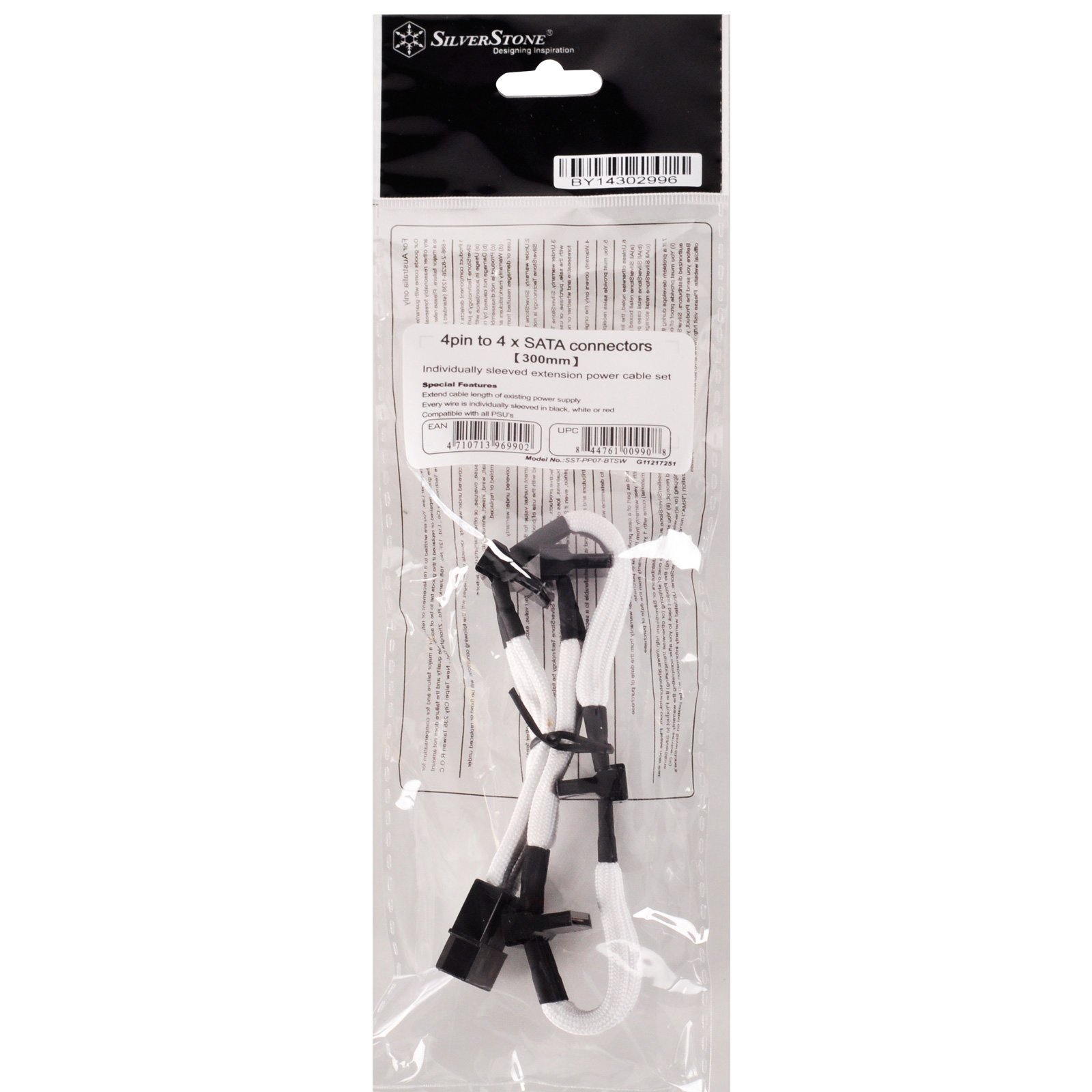 SilverStone SST-PP07-BTSW - przedłużacz zasilacza 30 cm Molex na 4 x SATA, biały