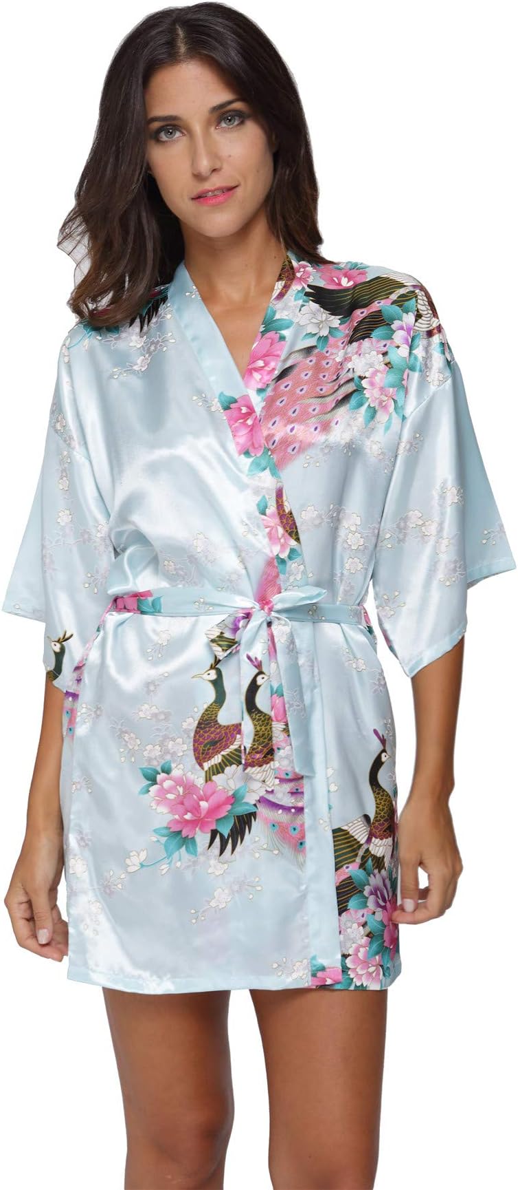 Original Kimono Women's Short Satin Kimono Robe Floral Peacock Patterned Bathrobe Silky Bridal Nightwear