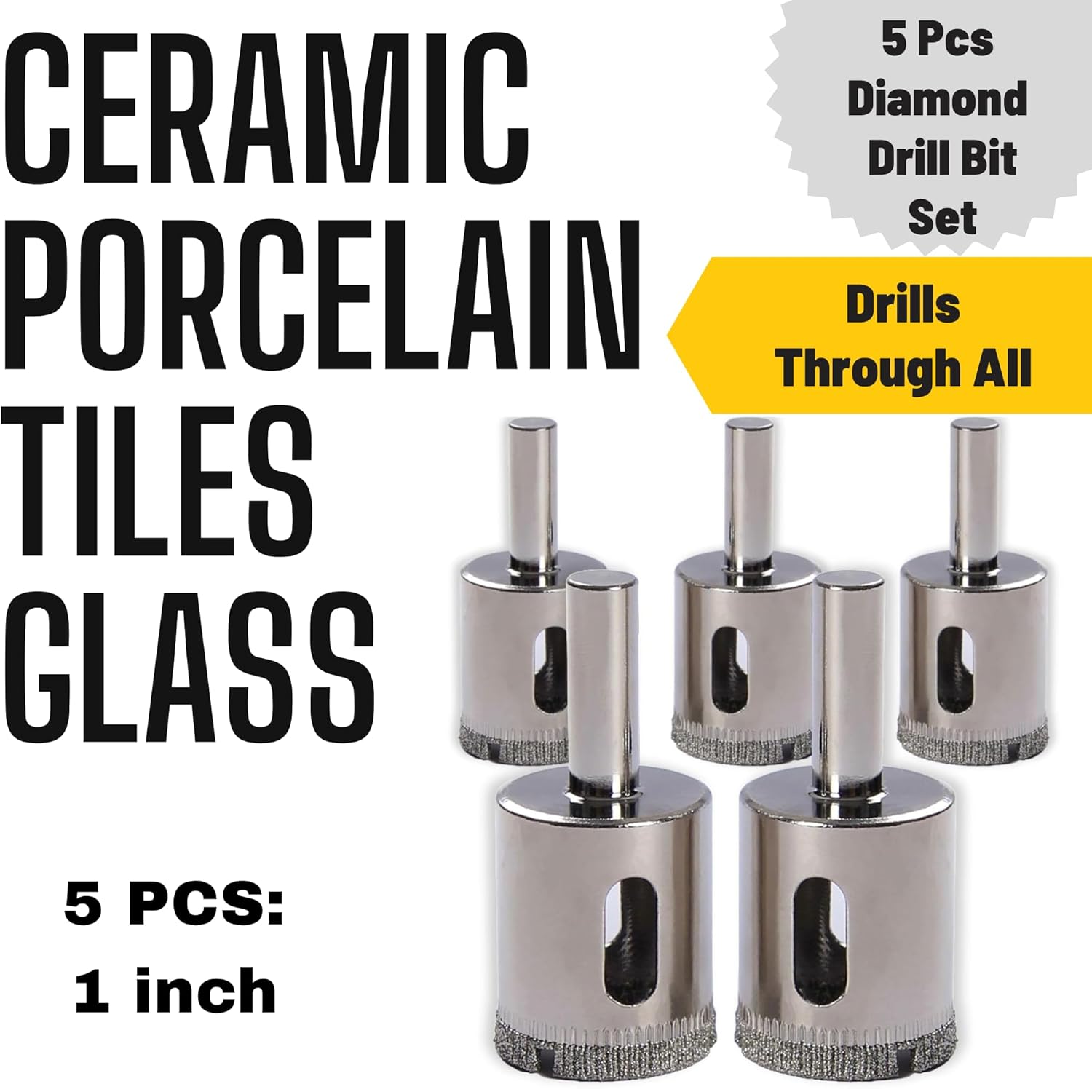 Drilax 5-Pc 1-Inch Diamond Drill Bit Set | for Glass, Ceramic, Tile, Granite, Quartz | Ideal for Countertop RO Filter & Faucet Installation