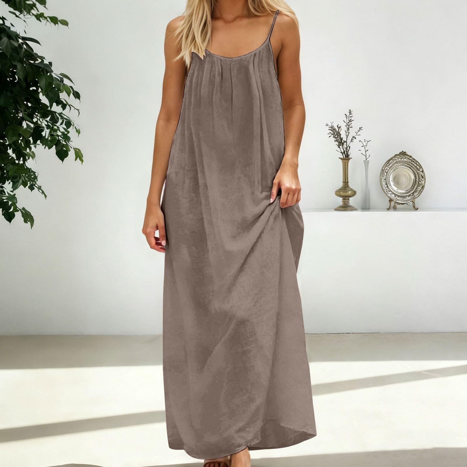 Vestido Cami sin espalda para mujer - Vestido de verano ligero para la playa, tirantes delgados, vestido maxi bohemio, sin mangas, vestido de muselina, vestido informal suelto, elegante, vestido de