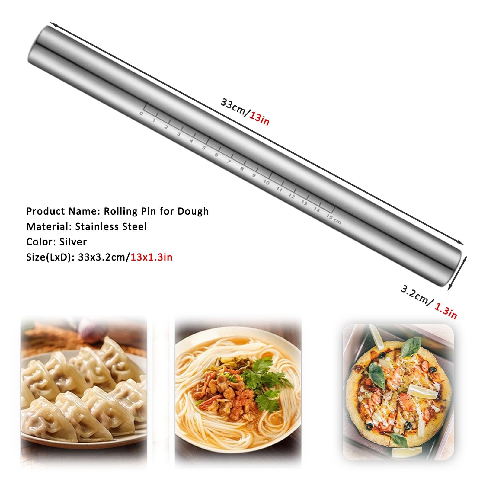 Nudelholz Nudelrolle Nudelwalker 1 2 3 PCS Edelstahl Skala Nudelholz, Gerade Fondantrolle Mit Hohlem Design, Unverzichtbare Teigrollen Für Pizza Keks Kuchen Knödel Nudeln(2PCS LxD 33x3.2cm/13x1.3in)