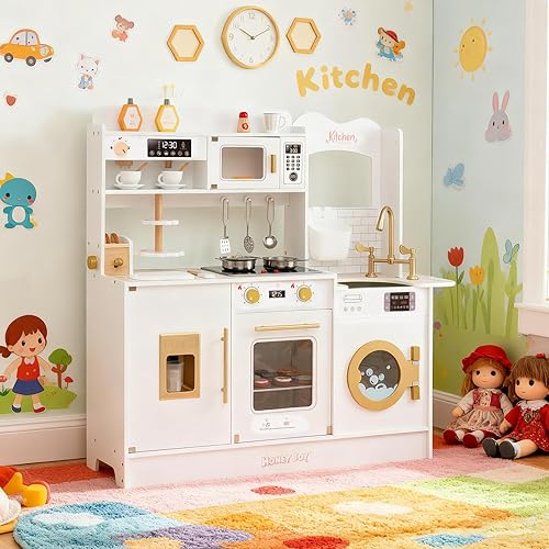 Miniatura 2 de HONEY JOY Juego de cocina, juego de cocina de juguete de madera con cafetera, tostadora de 2 rebanadas, microondas, horno, soporte para pasteles,