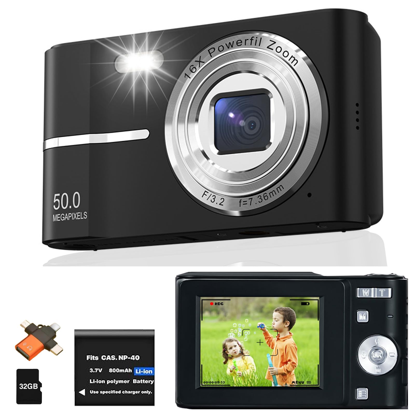 Fotocamera Digitale Compatta 50MP E 1080P Per Bambini E Adulti - Include Scheda 32GB E 2 Batterie, Zoom 16X, Funzione Webcam