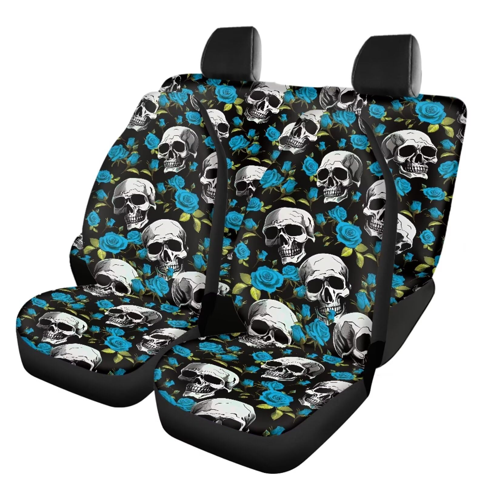 Howilath Gothic Skull Blue Rose Print Car Seat Covers Full Set, Front Bucket Seat Protector with Auto Rear Bench Cover, Universal Fit Most Vehicle SUV