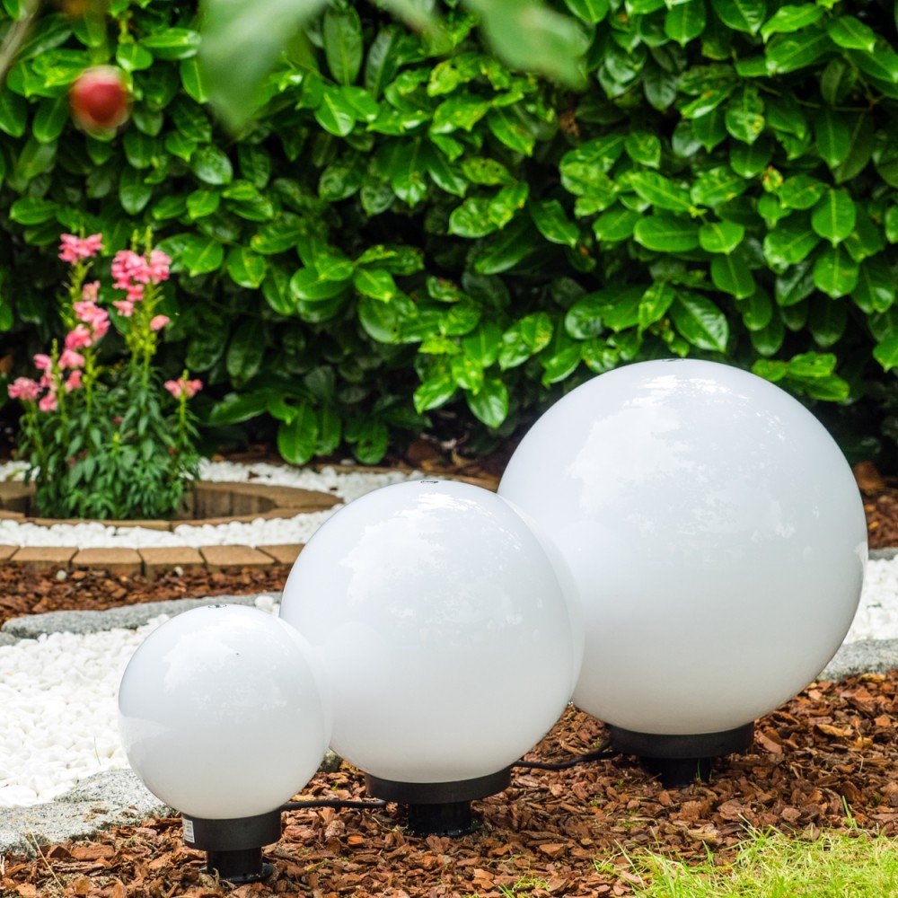 lampada a globo Miau, set di 3 lampade, lampade da esterno in plastica bianca Ø 20, 30 e 40 cm, globi luminosi, E27, lampade a globo con cavo di alimentazione di 5 metri, senza lampadina/e
