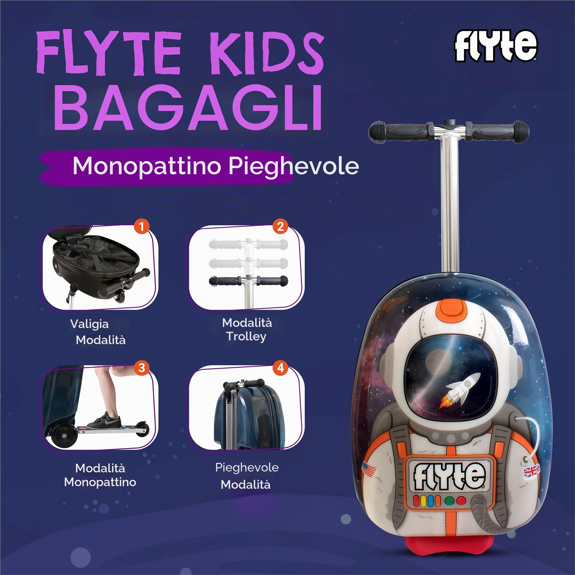 Flyte Valigia per monopattino pieghevole per bambini, con guscio rigido, con ruote, 2 in 1, 45 cm, capacità 25 litri