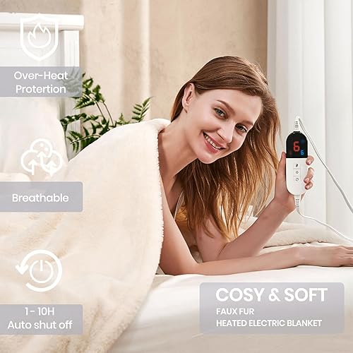 Miniatura 2 de Manta térmica individual de 62 x 84 pulgadas, acogedora manta eléctrica suave con 6 niveles de calefacción, piel sintética de calentamiento rápido y