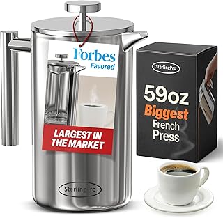 Stainless Steel French Press Coffee Maker 1.75 L (59 oz) Mirror – Double Walled Insulated Extra Large French Press, Durable Design Keeps Drinks Hot, Easy to Use and Clean for Rich Flavor
