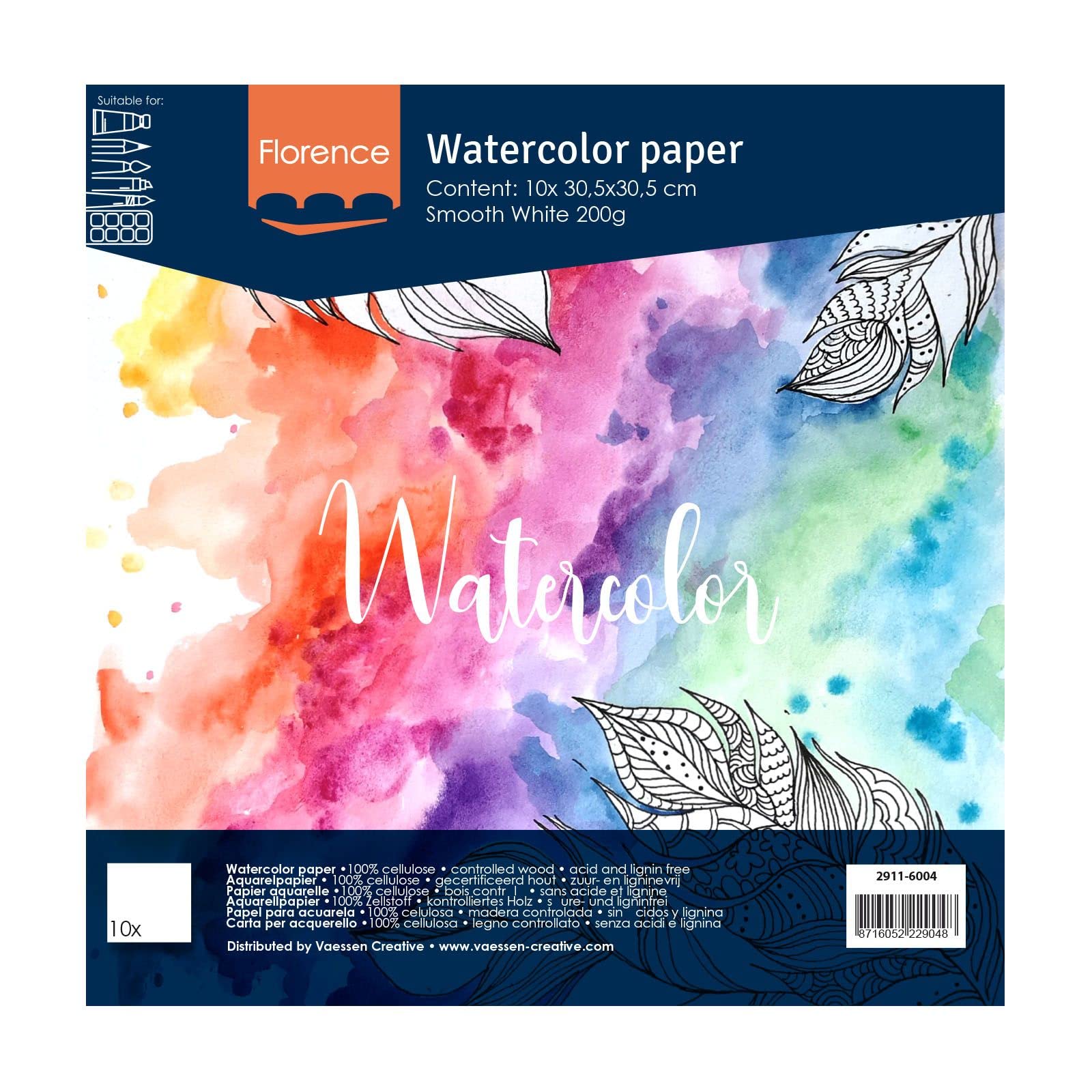 Vaessen Creative Florence Hot Pressed Watercolour Paper, 12 x 12, Smooth 200gsm