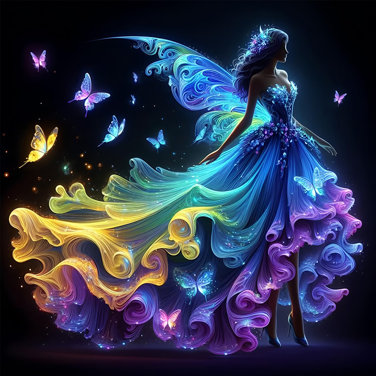POETRYDRAW Neon Girl in Beautiful Skirt DIY 5D Round Drill Diamond Art Kit for Adults & Beginners, Home Wall Decoration, 15.75x15.75in