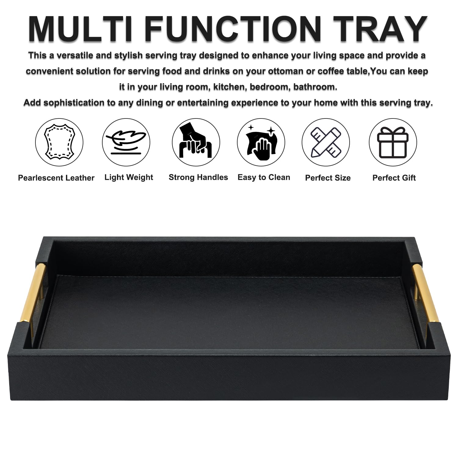 Bandeja Rectangular Negra con Asas Doradas para Fiesta, Bandeja Decorativa de Madera Grande para otomana, Bandeja de Mesa de café de Piel sintética