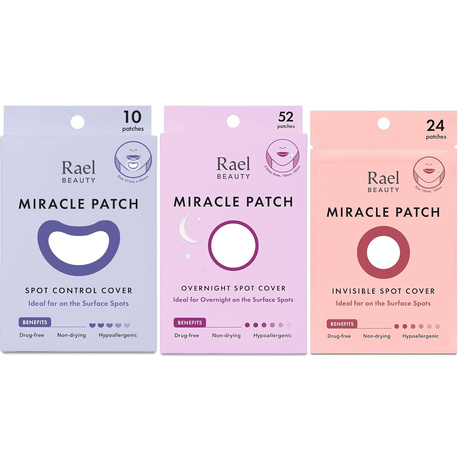 Rael Pimple Patches for Face Trio Set - Korean Skin Care, Hydrocolloid, Zit Acne Patches, Hypoallergenic/Miracle Patch Invisible (24 Count) & Large (10 Count) & Overnight (52 Count)