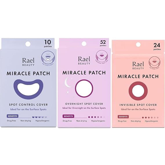 Rael Pimple Patches for Face Trio Set - Korean Skin Care, Hydrocolloid, Zit Acne Patches, Hypoallergenic/Miracle Patch Invisible (24 Count) & Large (10 Count) & Overnight (52 Count)