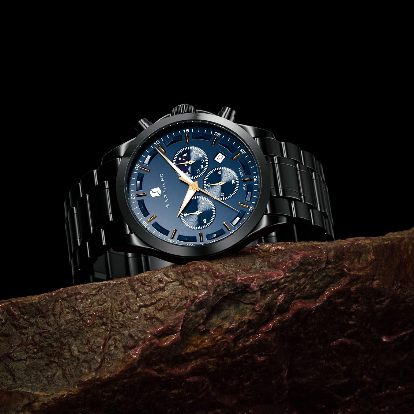 SAPPHERO Montre De Luxe Pour Hommes 100M étanche En Acier Inoxydable Quartz Date