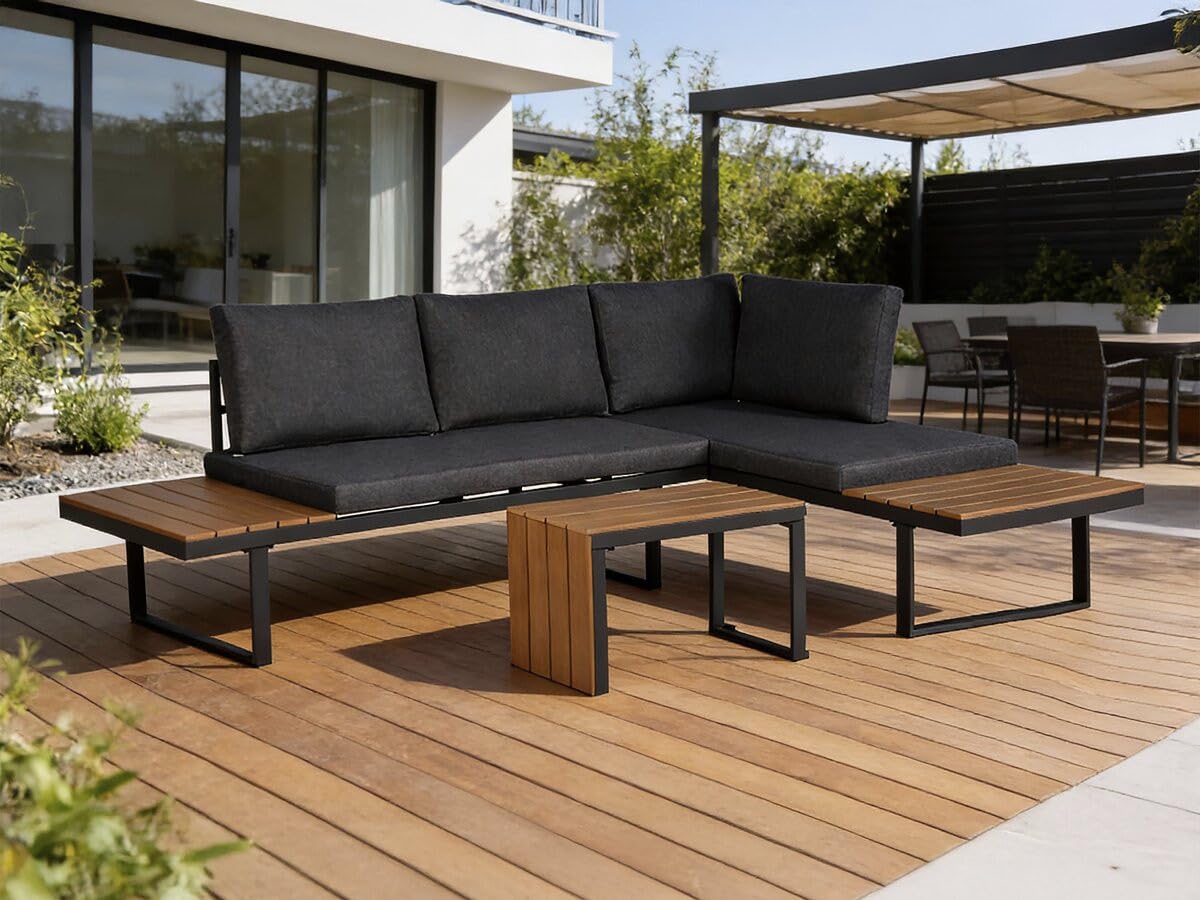 Salon de Jardin canapé d'angle modulable décor Imitation Bois Sylva - 4 Places - Gris