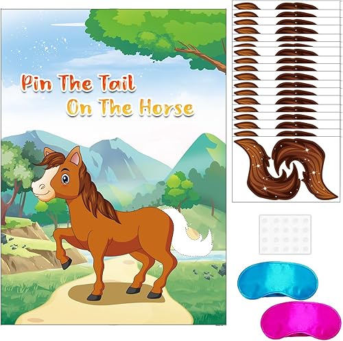 Pin The Tail on the Horse Game - Juegos de fiesta de caballos para niños con póster de 21 x 28 pulgadas, calcomanías de cola reutilizables,