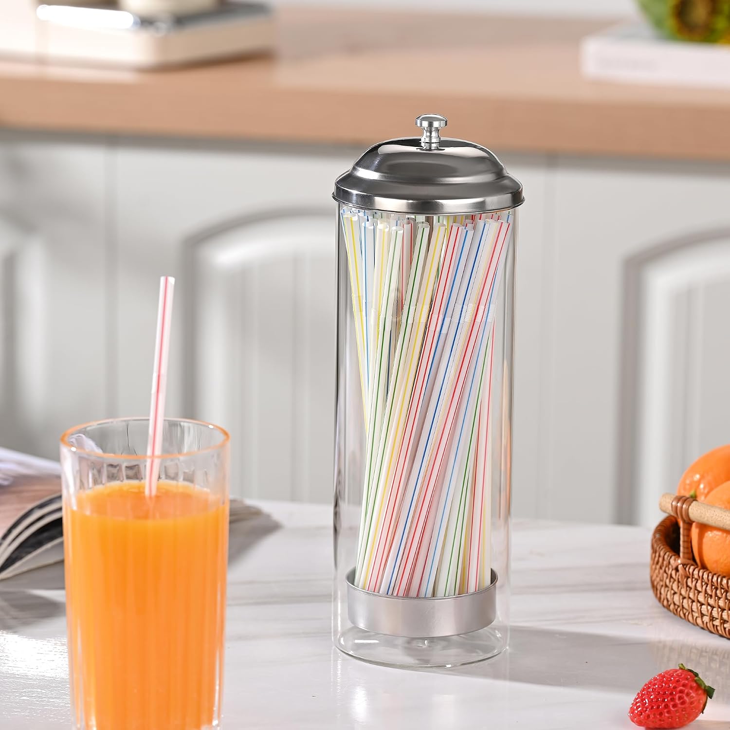 Fox Run Glass Straw Holder with Stainless Steel Lid & Lifter, 3.5" x 10.5" Dispenser with 100 Straw Capacity
