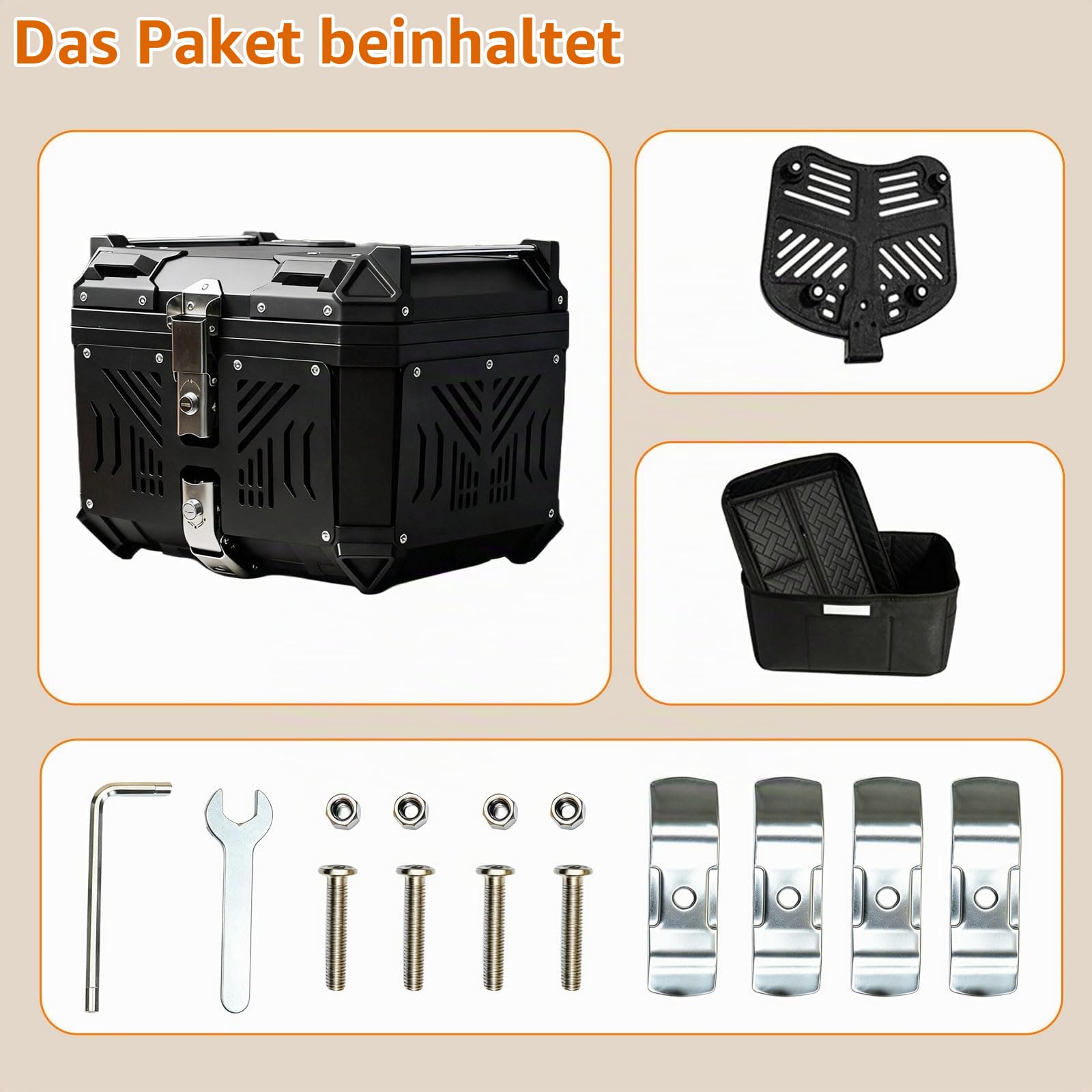 45L Motorrad Topcase wasserdicht mit Sicherheitsschloss, Aluminiumlegierung Motorradkoffer mit Kohlenstoffstahl-Bodenplatte & Diebstahlsicherung mit Federverriegelung, 40*33*33cm für Helm & Zubehör
