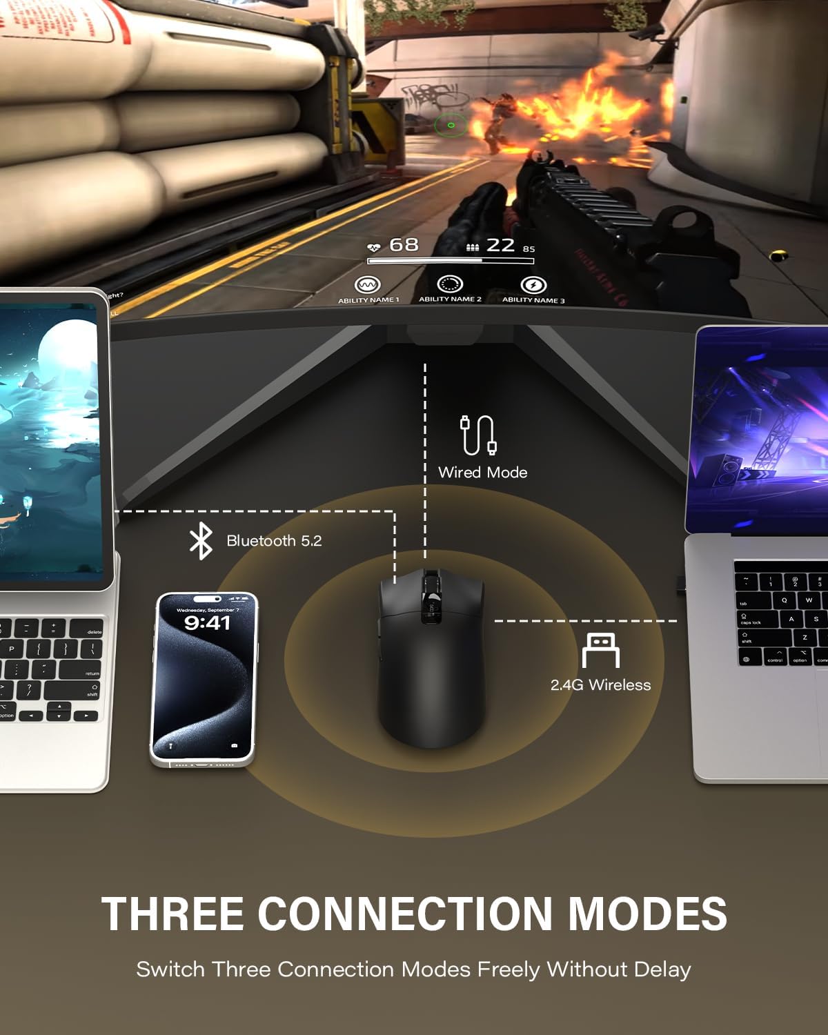 G59 Wireless Gaming Mouse, PAW3950 Sensor, 30,000 DPI, 8000Hz Polling Rate, Programmable Buttons, RGB 68g Tri-Mode Lightweight Esports Mouse for PC/Laptop/Mac
