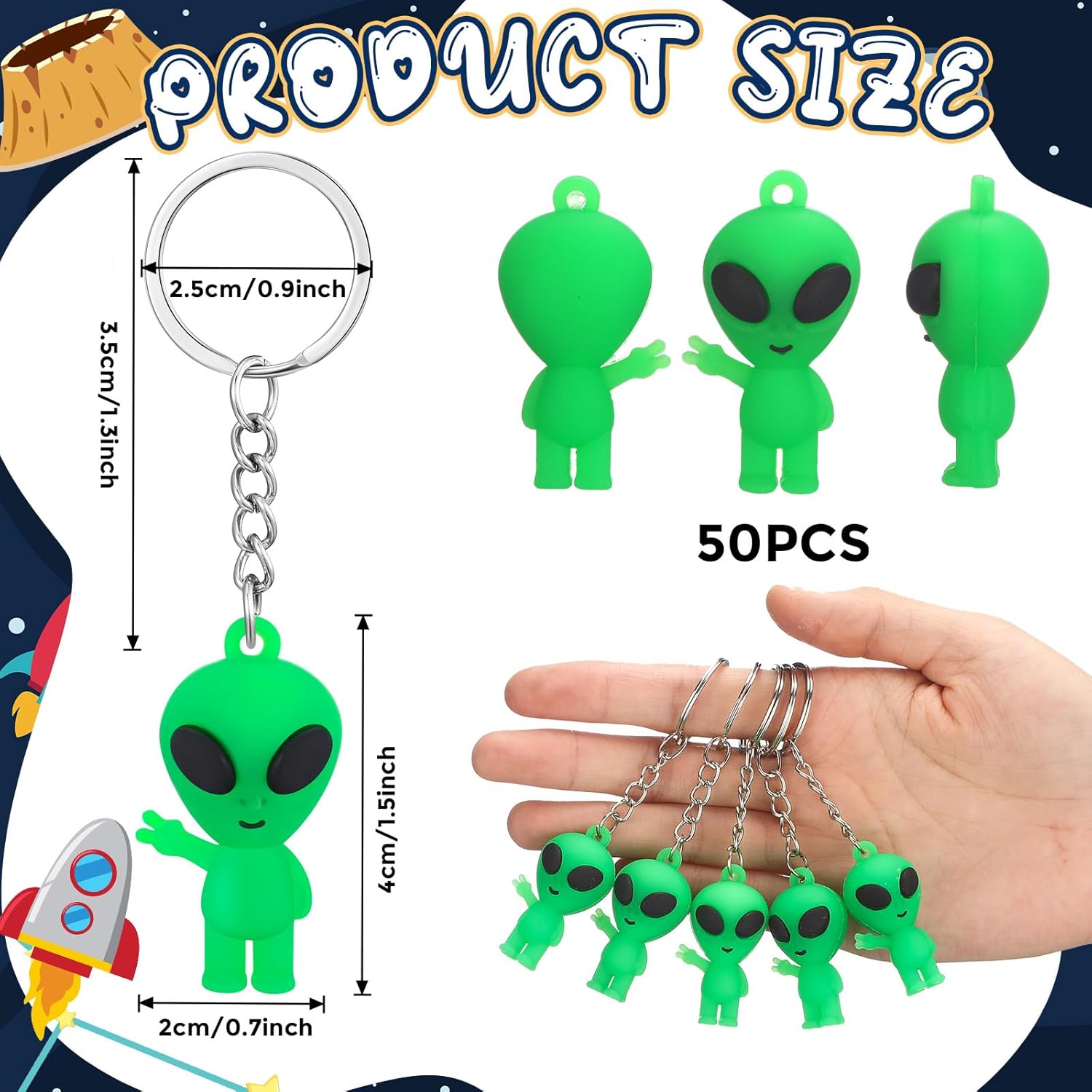 Equsion 50 Pcs Alien Party Favors Alien Keychains Glow in The Dark Space Keychain Mini Rave Trinkets Aliens Figures Little Bulk Gift Prize Christmas Stocking Stuffer for Music Easter Decor (Green)