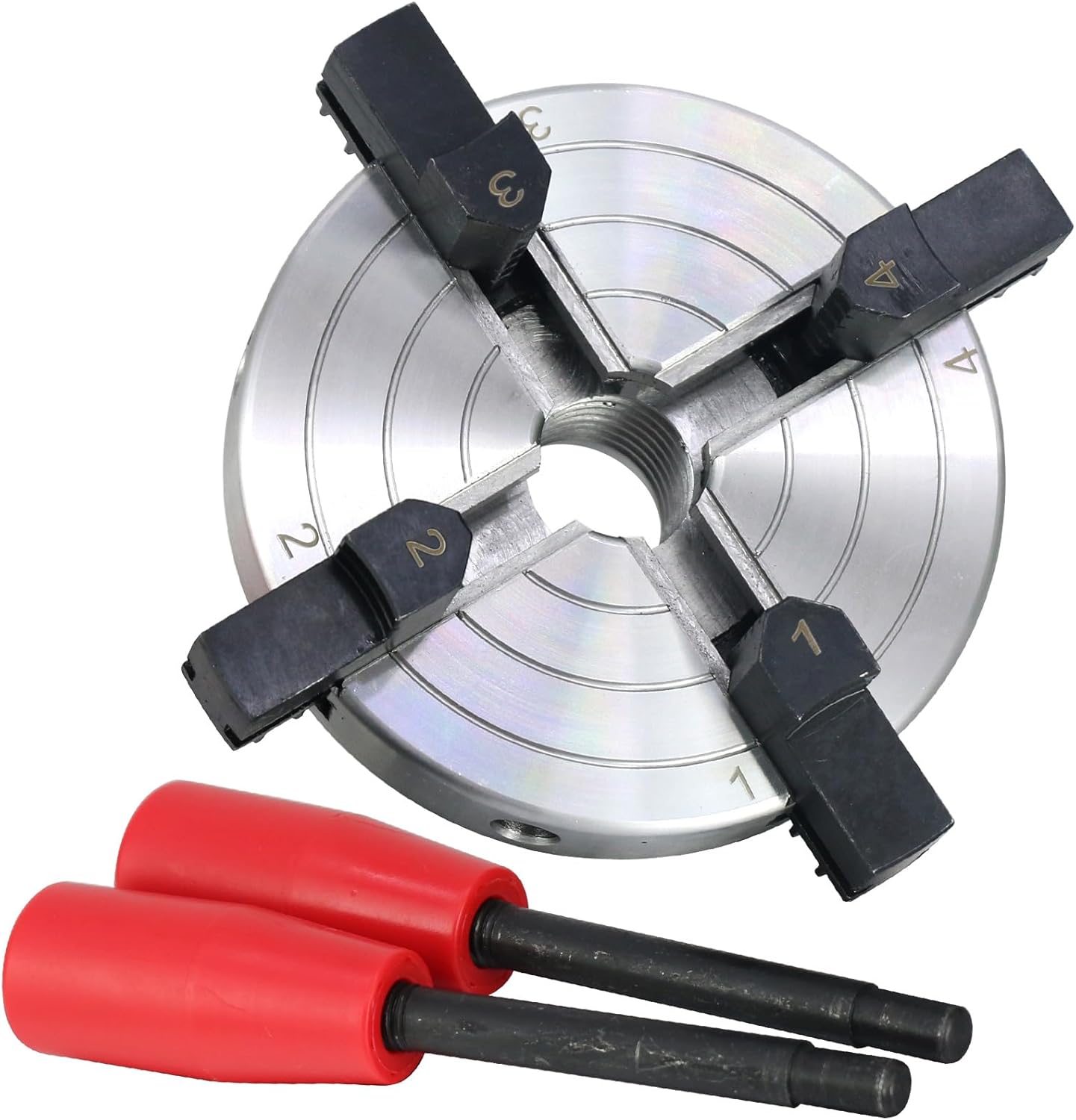 Wood Lathe Chuck, 4 Inch 4 Jaws, Self-Centering Lathe Chuck for Woodturning, 1 x 8TPI Thread Steel with 2 Tightening Levers