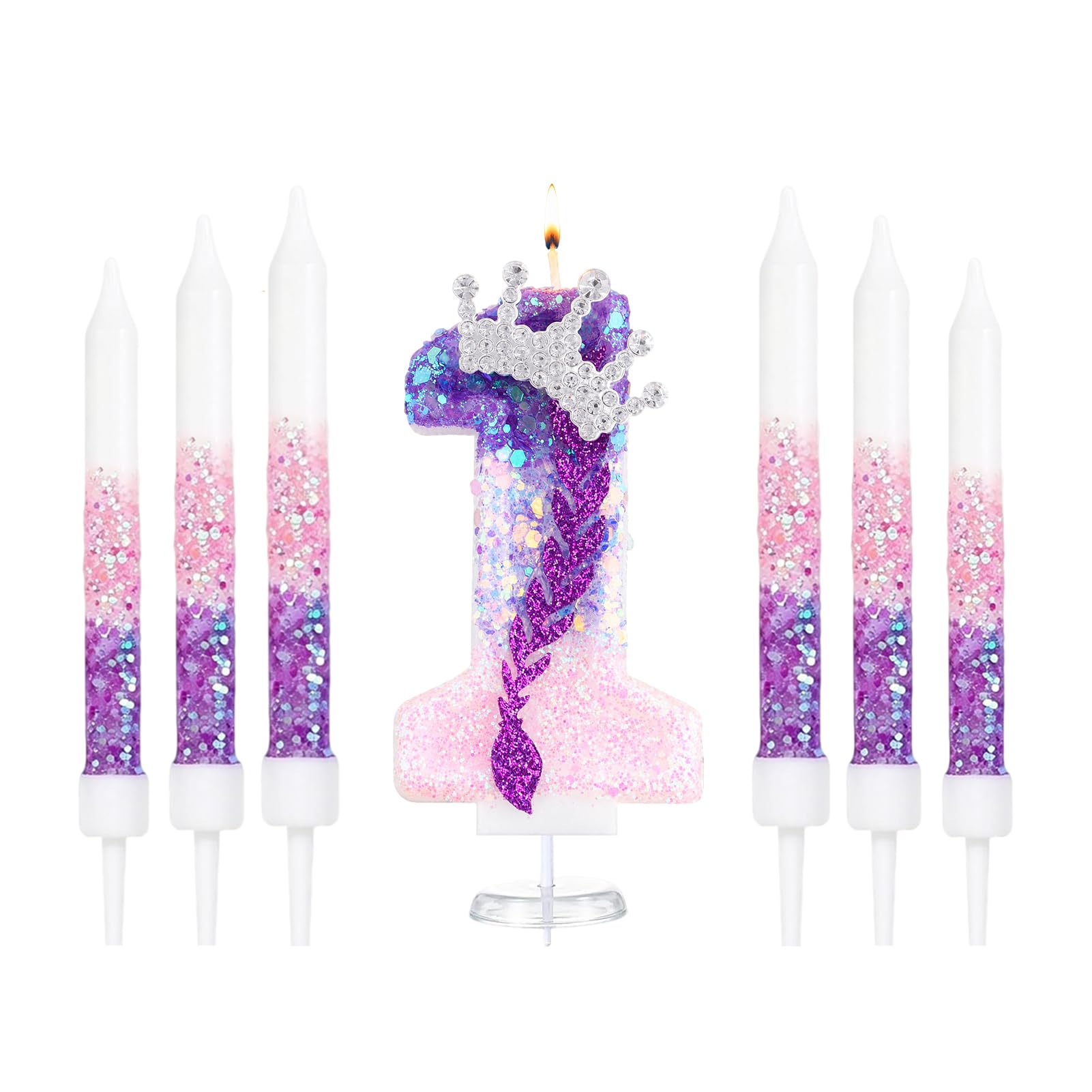 K Pop Number Birthday Candles, Glitter Crown Birthday Candle with 6 Pcs Long Candles, Stylish Kpop Music Themed Cake Topper for Girls Birthday Party Supplies (1 Candle,K Pop)