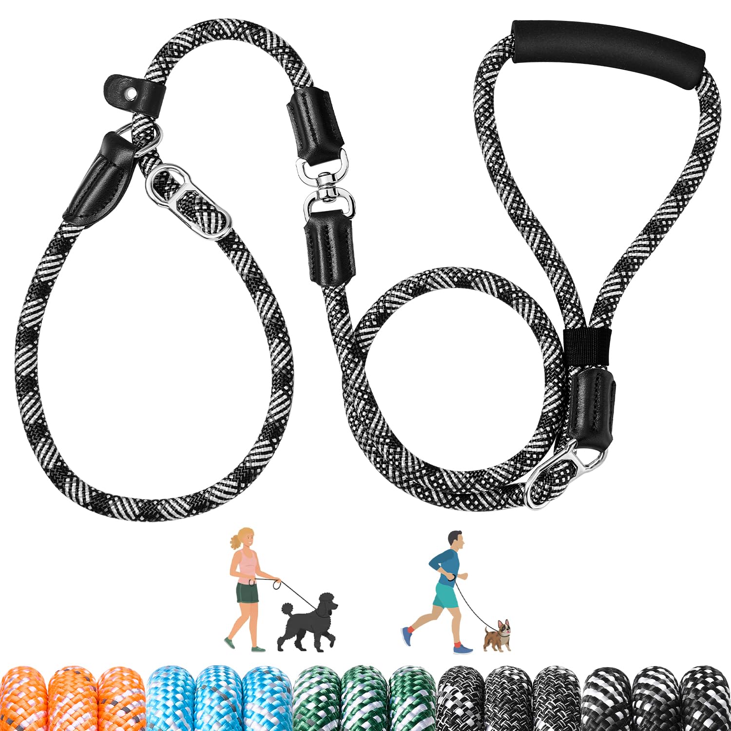 Eyein Slip Lead for Dogs - No Tangle Adjustable Length 1.2-1.8m Dog Lead, Heavy Duty 1.3cm Nylon Rope Leash Reflective, No Pull Puppy Training Leash for Medium Large Dogs (Black)