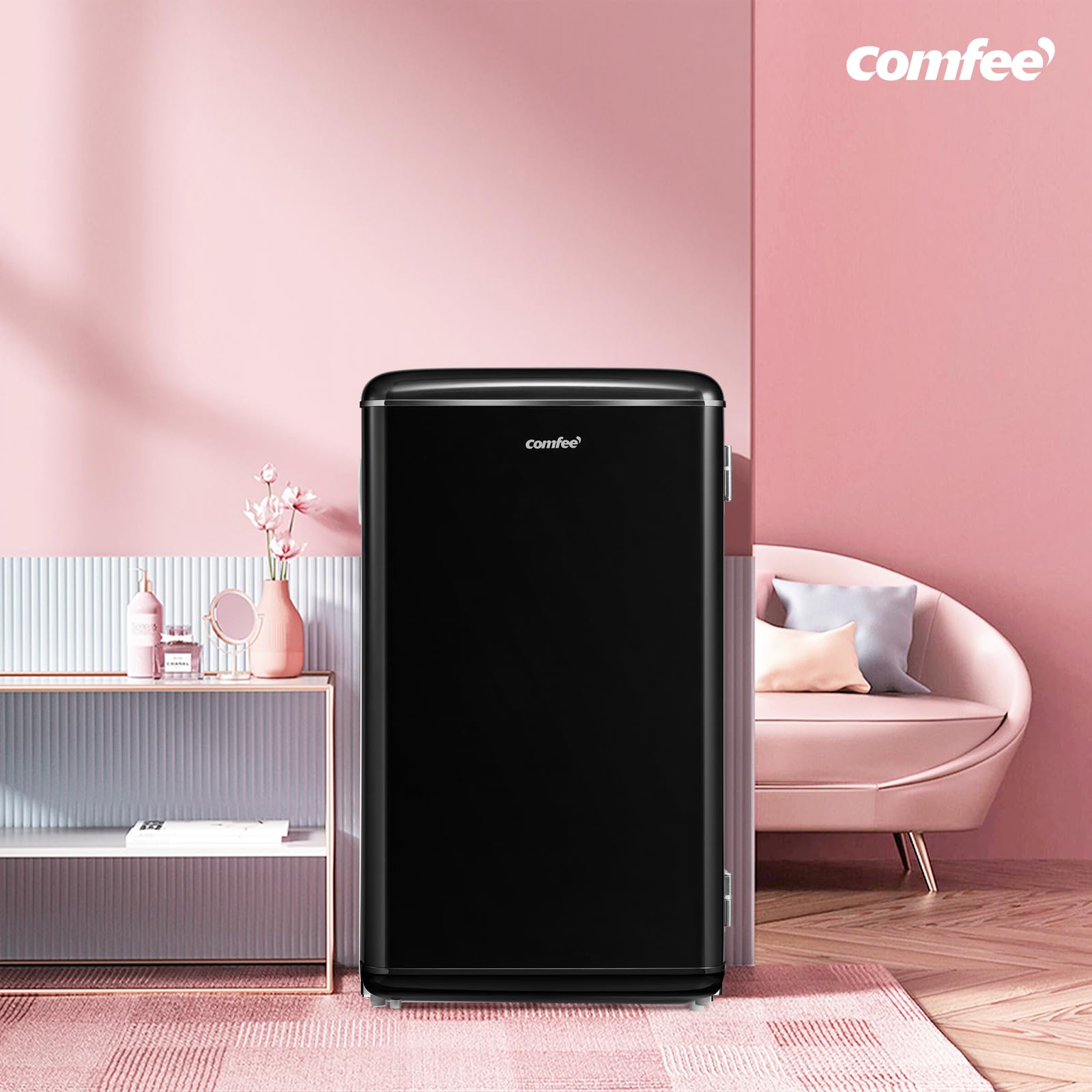 Comfee' 93L Refrigerador Bajo Encimera, Diseño Retro, Negro | Independiente con Compartimento Enfriador, Termostatos Ajustables, Luz LED, Ideal para Hogar y Oficina