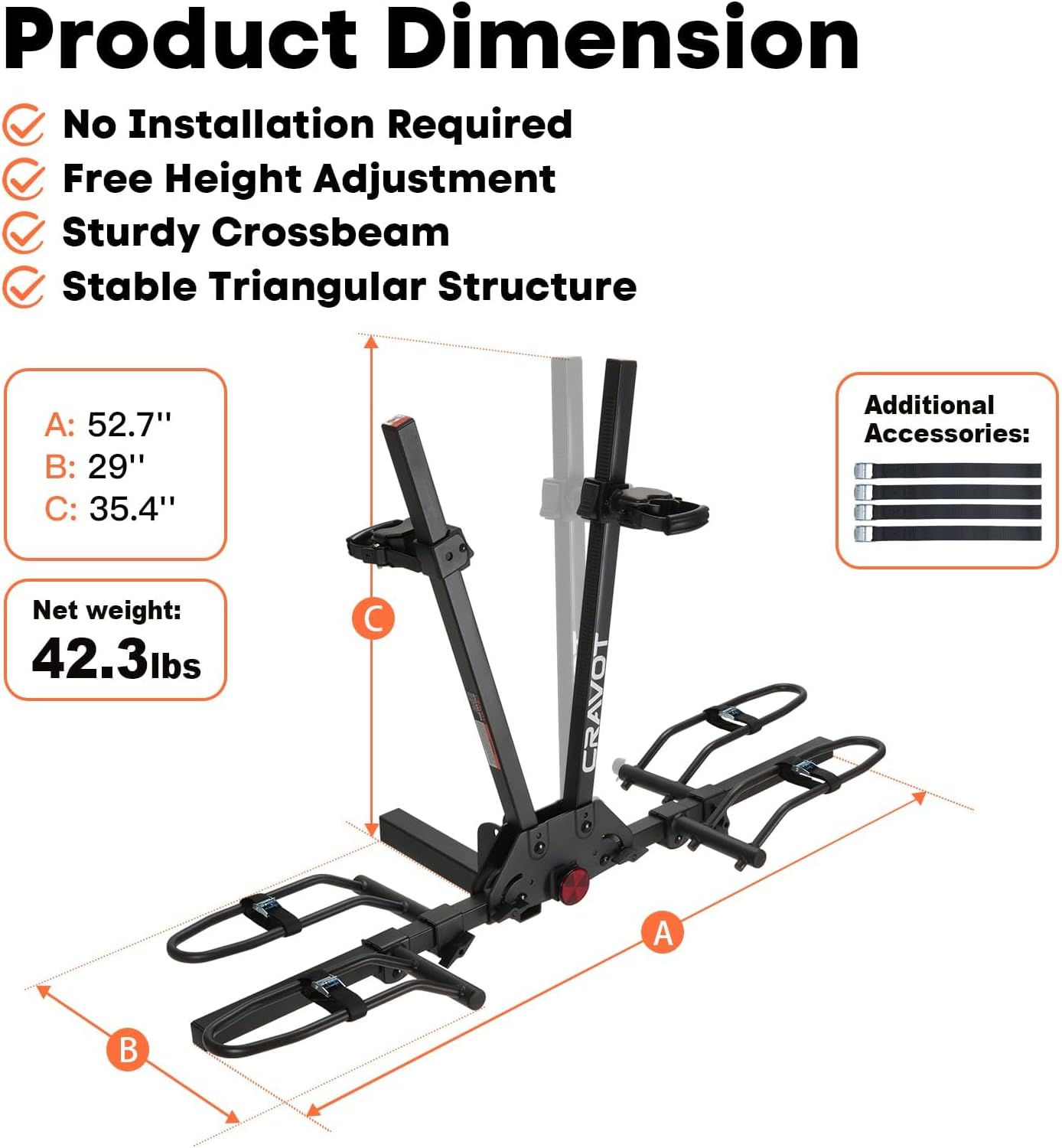 Ebike Rack for Tow Hitch, Electric Bike Carrier for 2 Bikes, 200lbs Capacity Foldable Light Bike Racks for 2" Receiver Car, SUV, Van