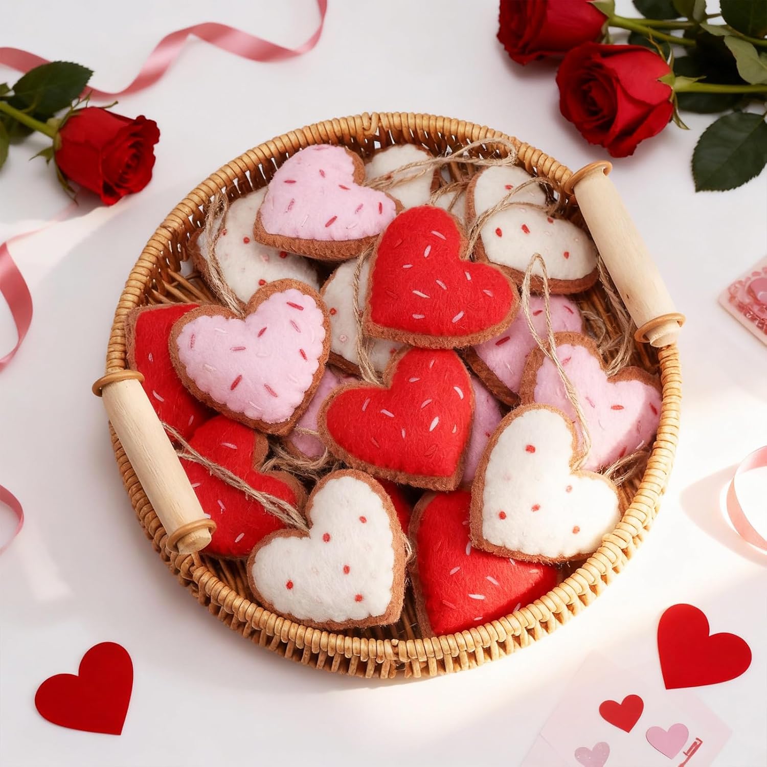 Gilprop 18 Pcs Mother's Day Felt Heart Ornaments, Red White Pink Felt Hanging Ornament 2.8 Inch Heart Shaped 3D Hanging Decors for Mother's Day Wedding Party Decorations(Cute)
