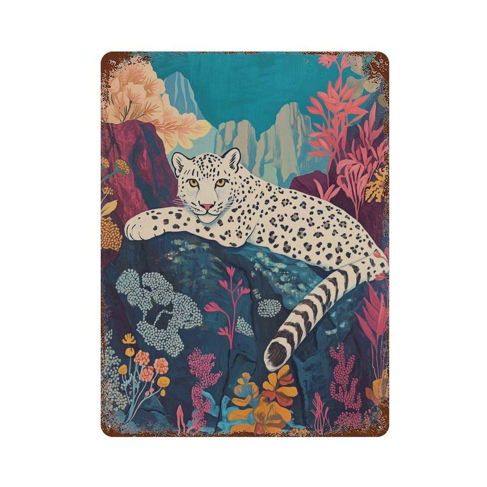 xiaoxiaoshen Snow Leopard in Vibrant Mountain Jungle – Bold Animal Nature Exotic Wildlife Wall Decor Art Metal Tin Poster Modern Home Decor Art Home Bar Shop Decorations Vintage Sign 40x30cm