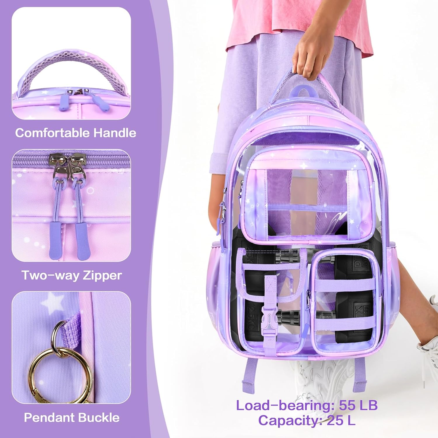 PAMANO Clear Backpack for Girls, Heavy Duty Transparent Bookbag for Kids, See Through Cute Backpacks for Elementary Primary School Work Sport Travel - Purple - Image 3