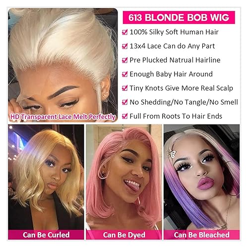 Miniatura 5 de Peluca rubia Bob de cabello humano 613, peluca de encaje frontal de cabello humano 13x4 HD transparente rubio Bob pelucas de encaje frontal para