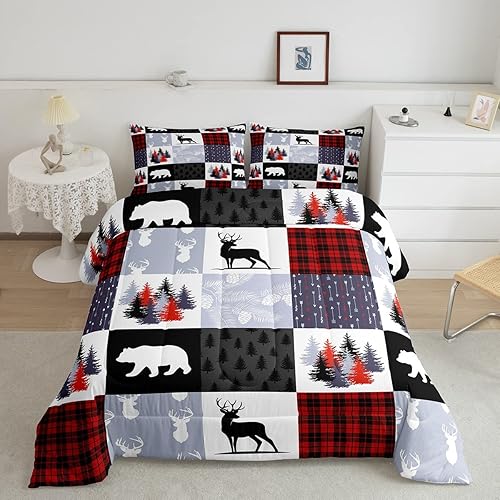 Miniatura 1 de Juego de edredón de ciervos y alces de caza para adolescentes, juego de ropa de cama de retazos de osos y vides, tamaño Queen para niños y niñas,