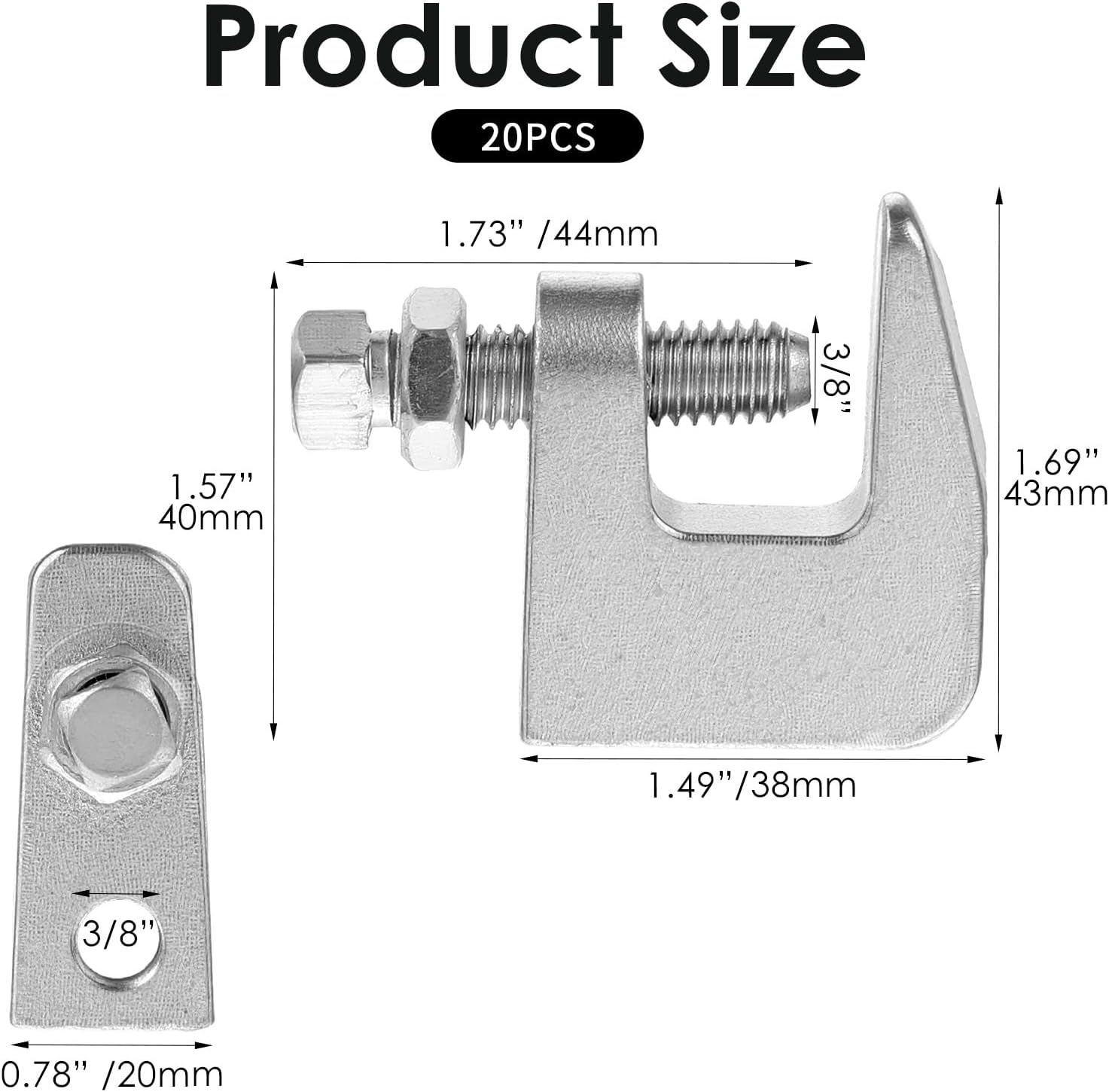 20PCS Top Beam Clamps, UNC 3/8" Iron Safety Rod Clamp, 3/4" Jaw Opening, Heavy Duty Metal Beam C Clamp Fit Galvanized for Vertical Piping Support, Ceiling Mount, Copper/PVC Tubing(20 PCS)