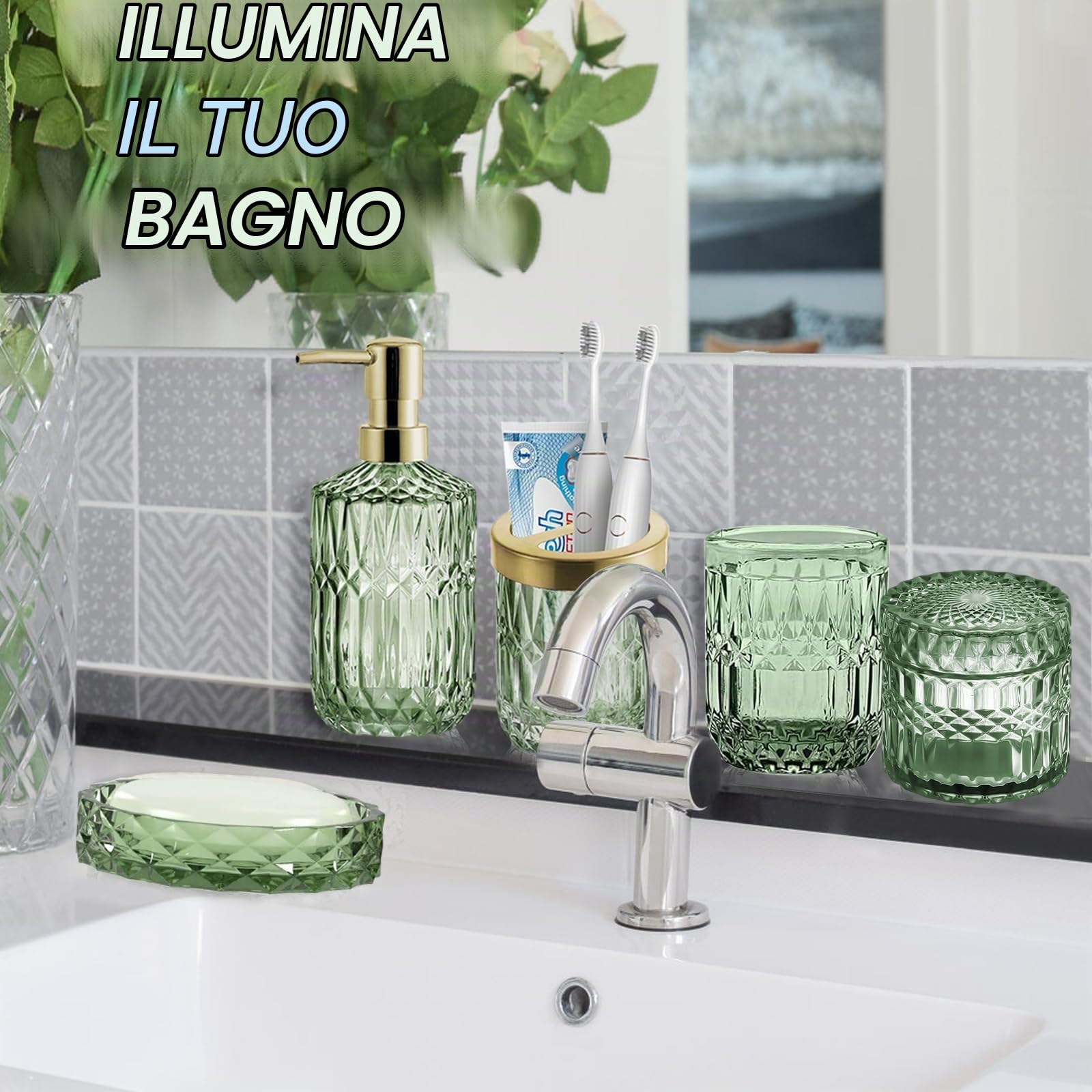 RUNQIN Set di 5 Accessori da Bagno in Vetro Trasparente (Dispenser di Sapone, Portasapone, Portaspazzolino, Bicchiere, Vasetto per Cotton Fioc), Decorazione Moderna e Contemporanea in Cristallo