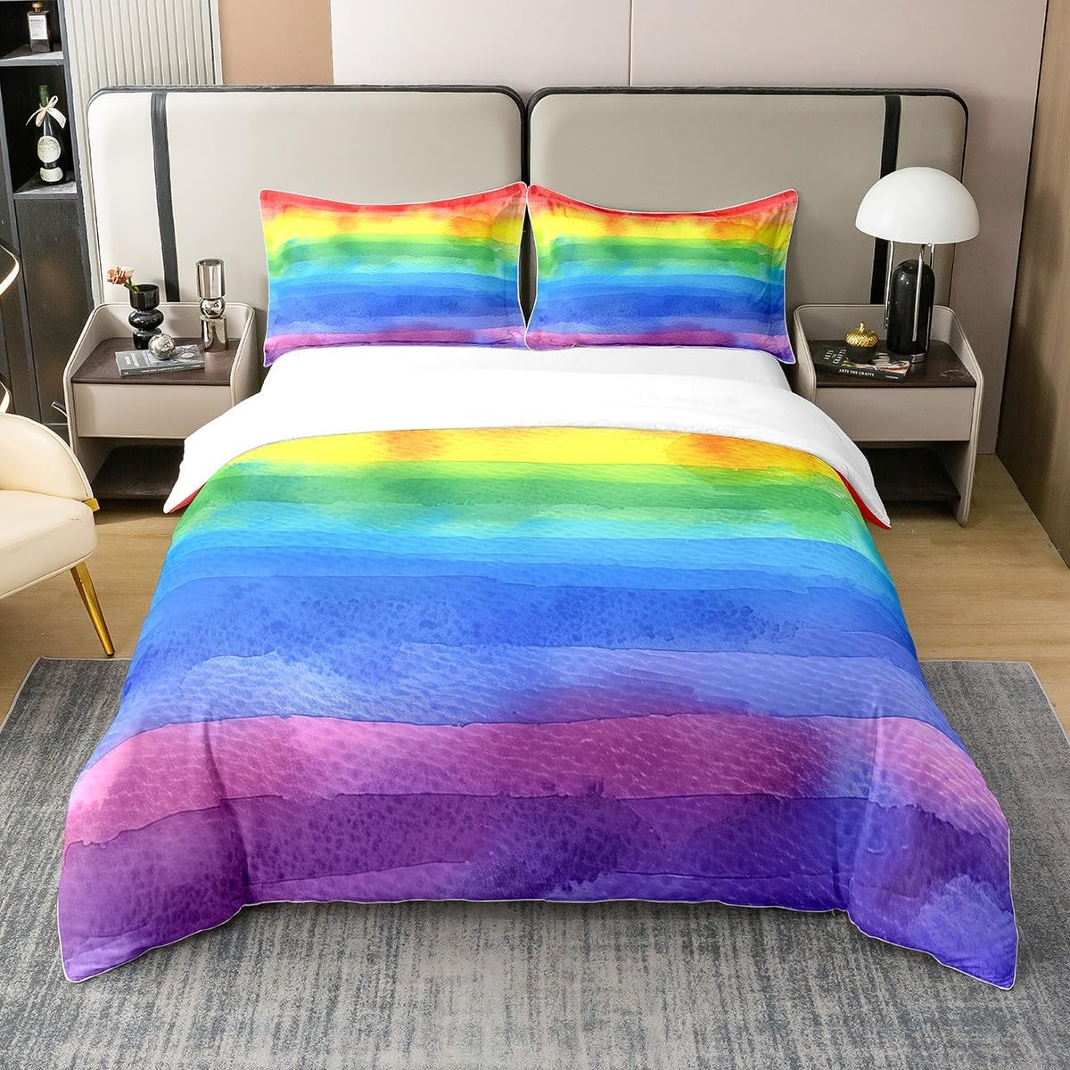 100% Natural Cotton Girls Rainbow Duvet Cover Twin Size, Abstract Watercolor Bedding Set, Pastel Colorful Decor Comforter Cover, Kids Decorative Quilt Cover with 1 Pillowcase Zipper Closure, Fade
